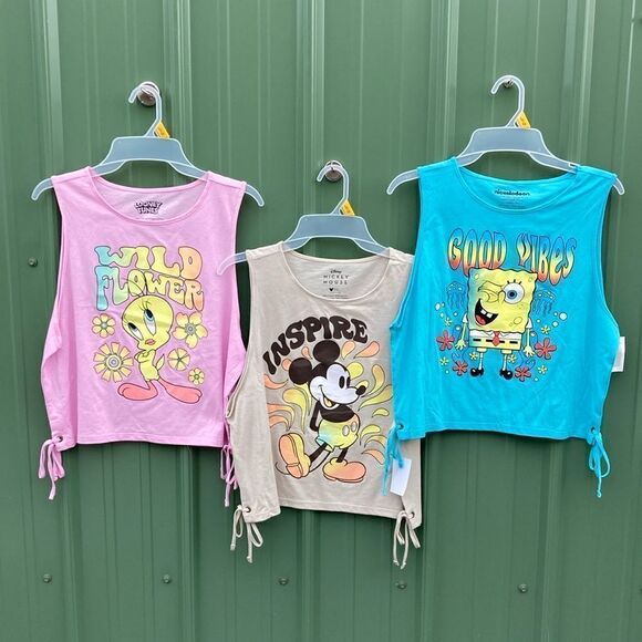Women’s Junior’s SpongeBob Tweety & Mickey Side Tie Knit Tank Tops 3-Pack Size L - Picture 1 of 16